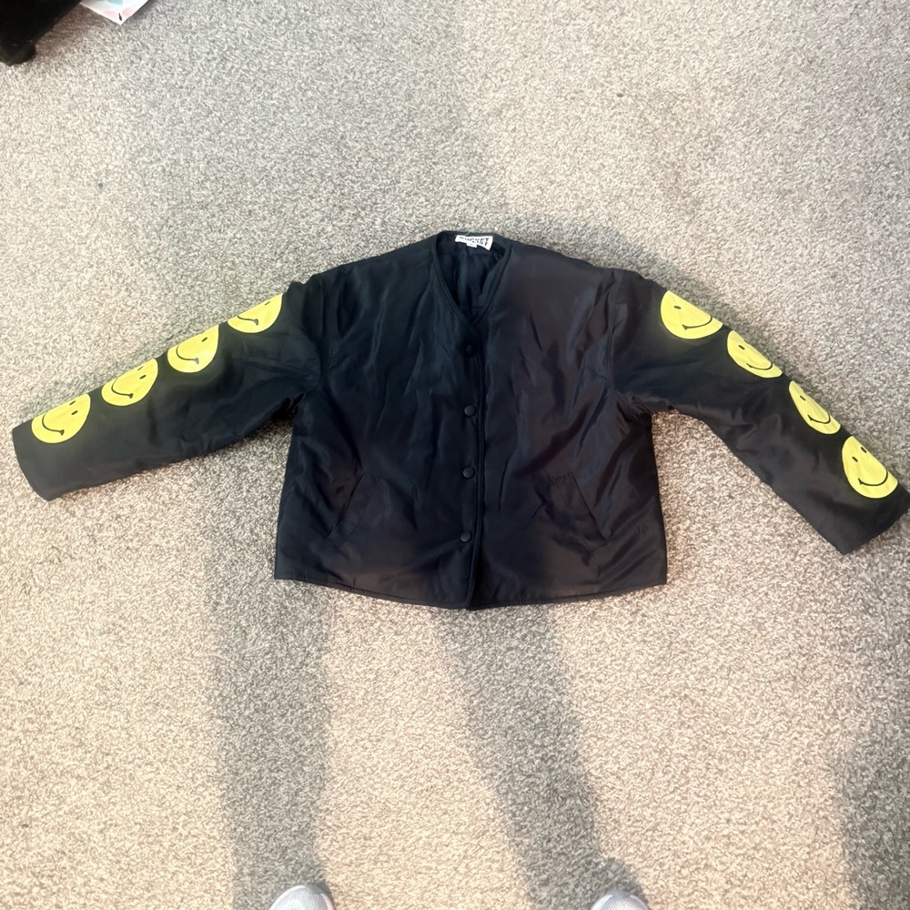 BUCKETLIST Black Puffer Jacket with Yellow Smiley Faces